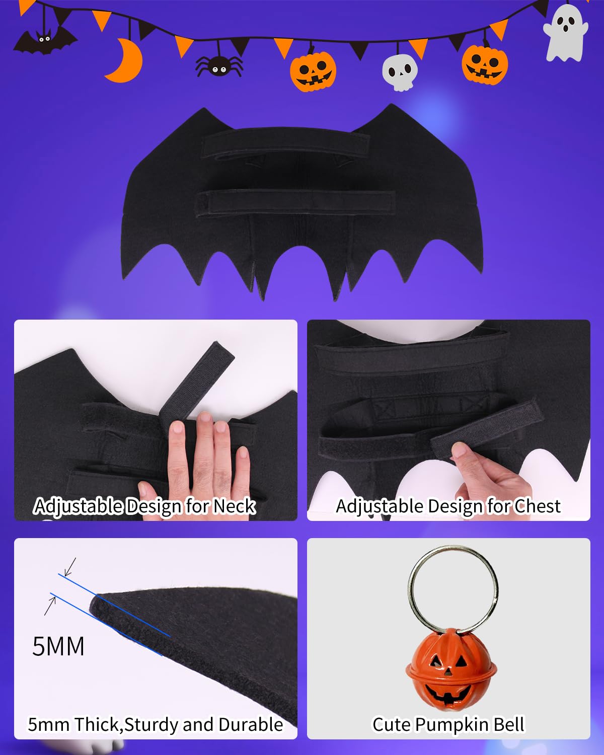 Dog Halloween Costumes for Large Dogs, Dog Bat Wings with Pumpkin Bell Pet Halloween Cosplay Party Dress Up (Large)