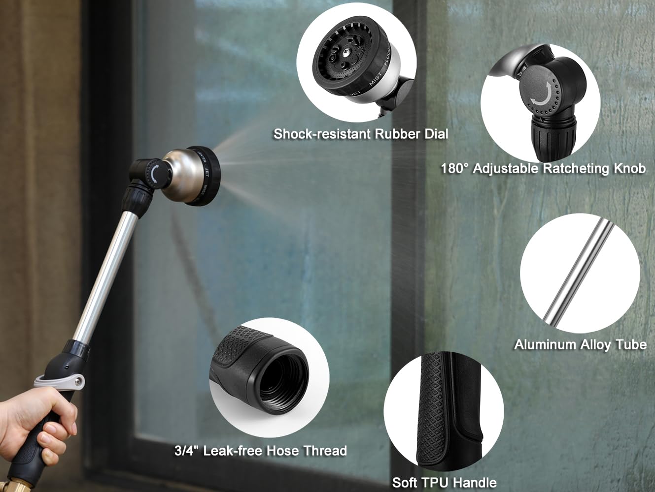 ESOW Garden Hose Watering Wand, 16 Inches Sprayer Wand, 9 Watering Patterns 180° Adjustable Swivel Head, Ergonomic Handle with One Touch Valve Perfect for Watering Plants, Car Wash and Showering Dog