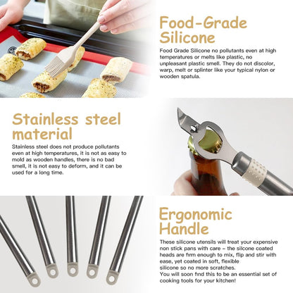 Kitchen Utensil Set-Silicone Cooking Utensils-33 Kitchen Gadgets & Spoons for Nonstick Cookware-Silicone and Stainless Steel Spatula Set-Best Kitchen Tools, Useful Pots (Khaki)
