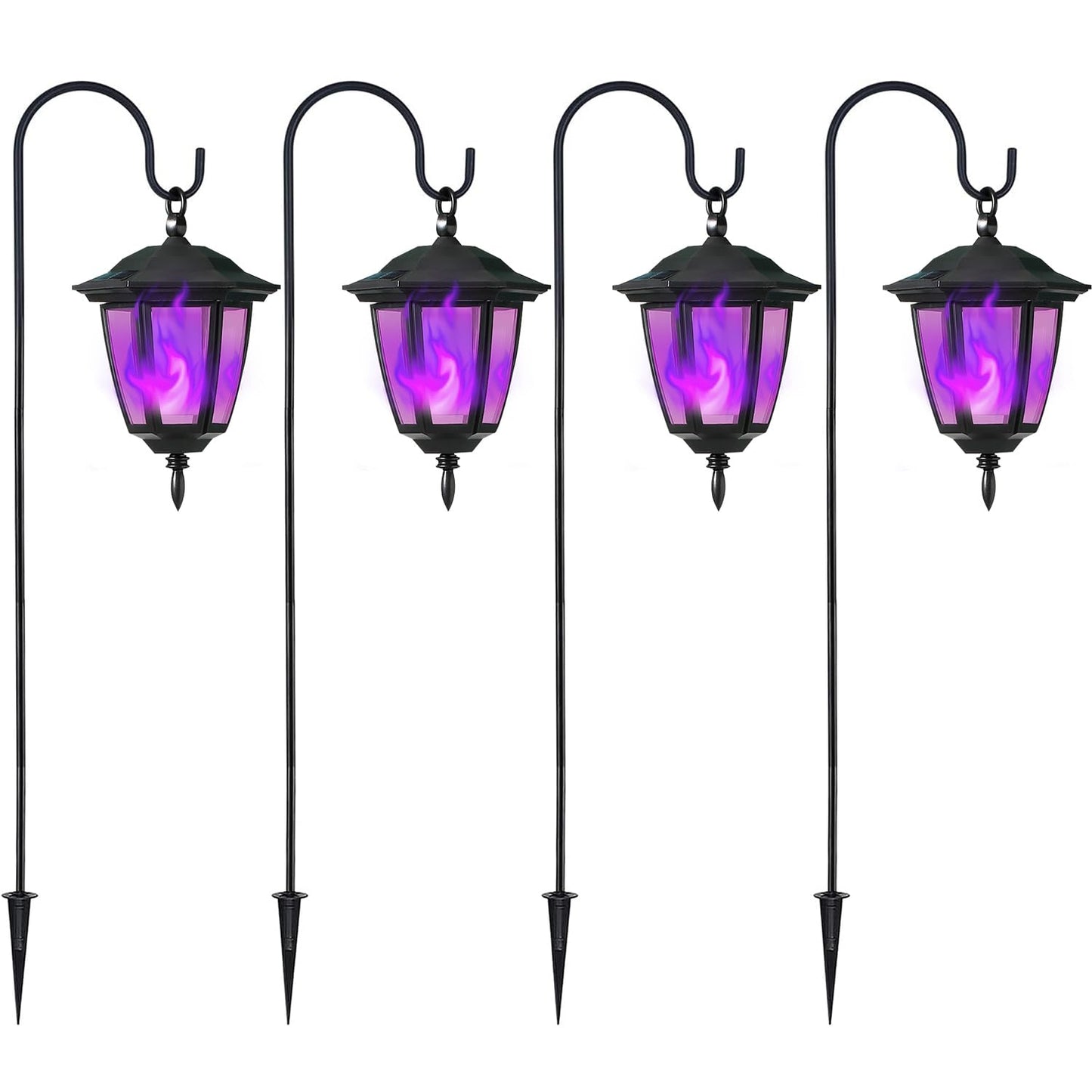 Dynaming 4 Pack Solar Halloween Flame Hanging Lights Outdoor, Flickering Flame LED Garden Lanterns with 4x38 Inch Shepherd Hooks, Landscape Lighting Waterproof for Lawn Yard Pathway Driveway, Purple