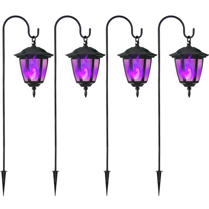 Dynaming 4 Pack Solar Halloween Flame Hanging Lights Outdoor, Flickering Flame LED Garden Lanterns with 4x38 Inch Shepherd Hooks, Landscape Lighting Waterproof for Lawn Yard Pathway Driveway, Purple