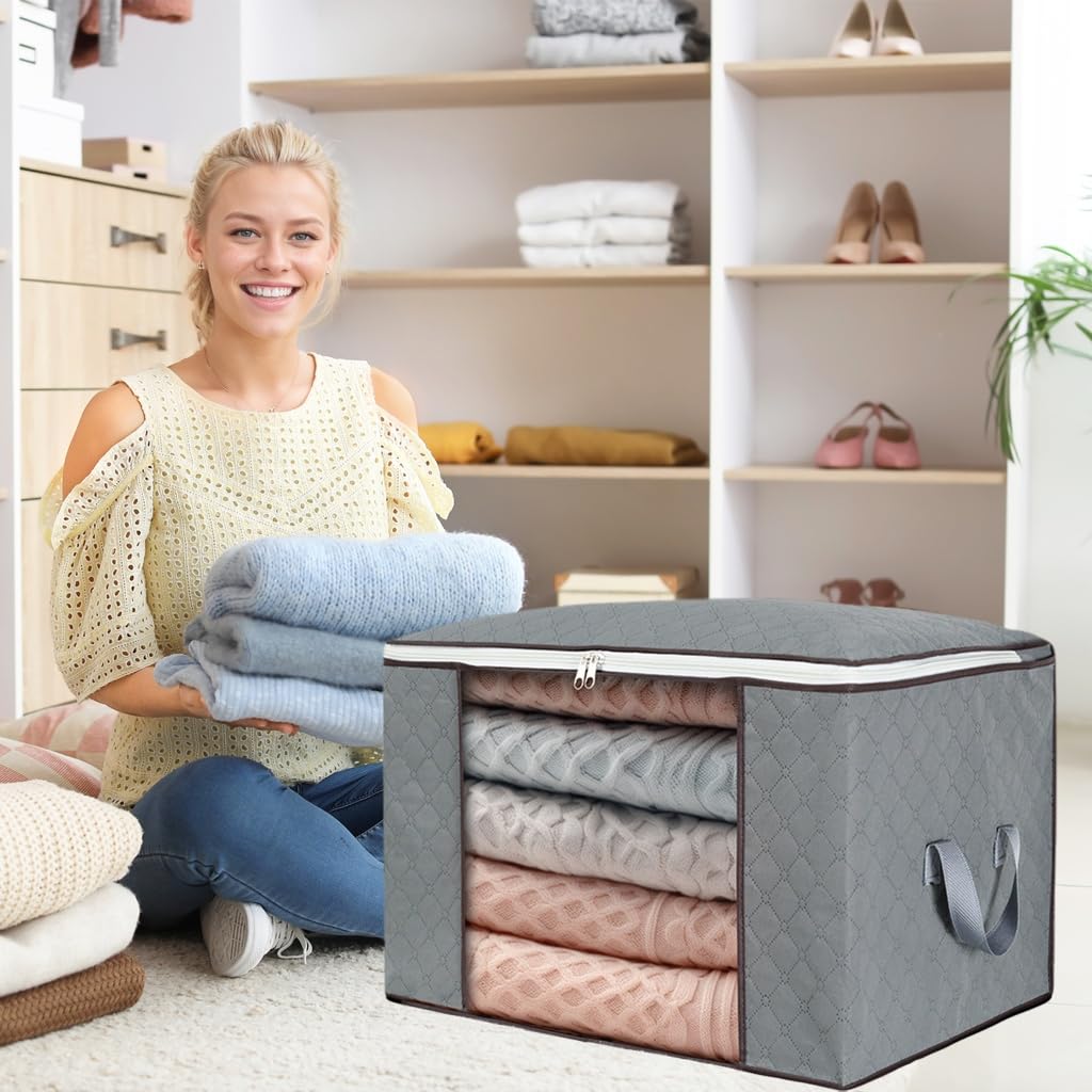 combocube Comforter Storage Bag, Jumbo Zippered Bag with Large Clear Window and Carry Handles, Space Saver Organizers for Closet, Blanket, Pillow, Quilt, Bedding, Clothes (2Pcs Grey Large)