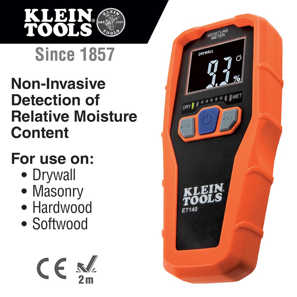 Klein Tools ET140 Pinless Moisture Meter for Non-Destructive Moisture Detection in Drywall, Wood, and Masonry; Detects up to 3/4-Inch Below Surface