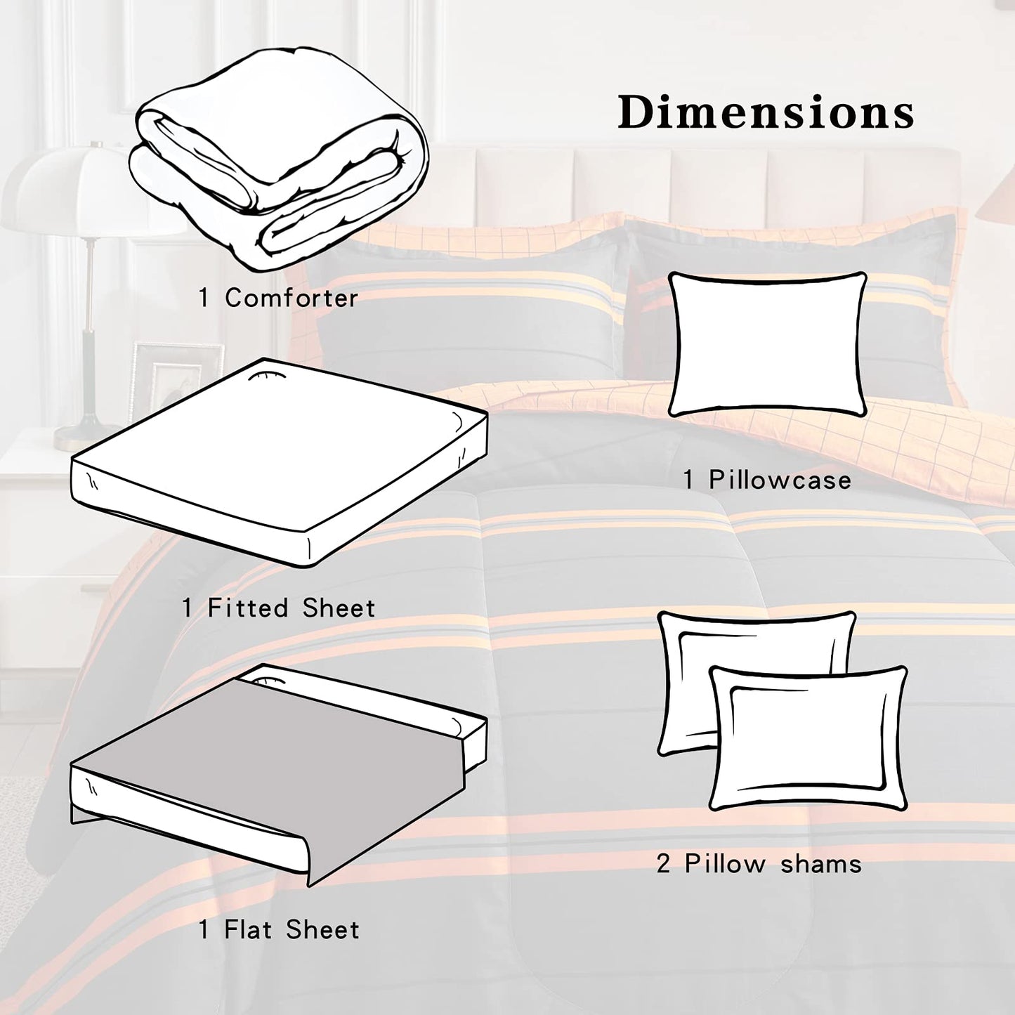 Flysheep Boho Striped Halloween Bed in a Bag 6 Pieces Twin Size, Ombre Bright Orange Stripes on Black Comforter Sheet Set (1 Comforter, 1 Flat Sheet, 1 Fitted Sheet, 2 Pillow Shams, 1 Pillowcase)