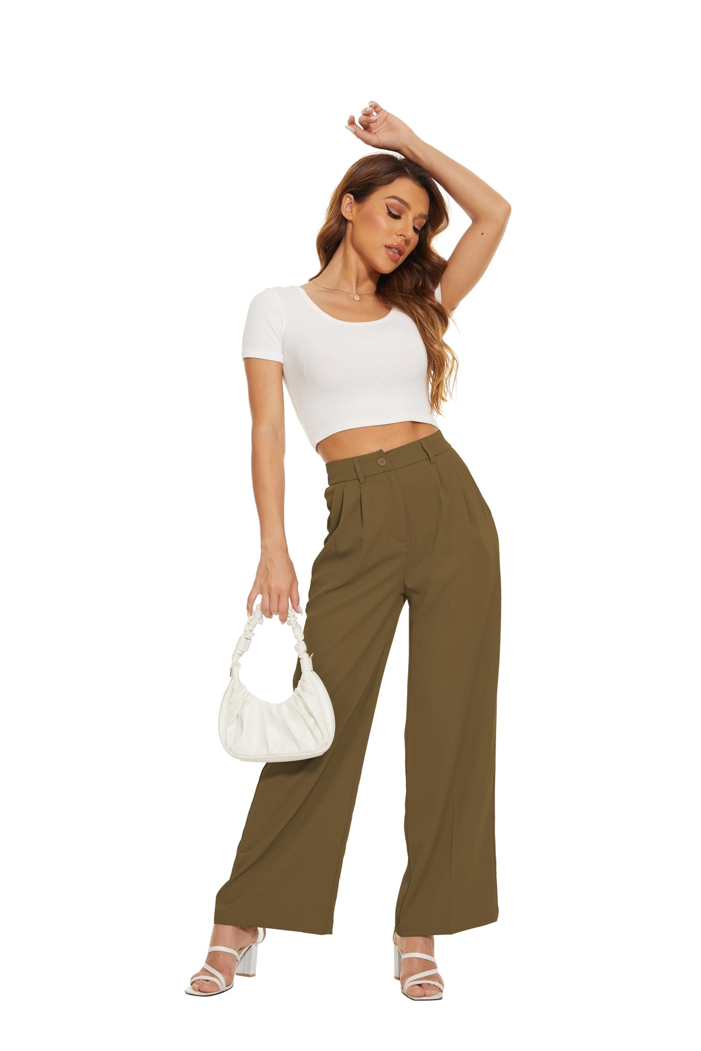 FUNYYZO Women's Wide Leg Pants High Elastic Waisted in The Back Business Work Trousers Long Straight Suit Pants