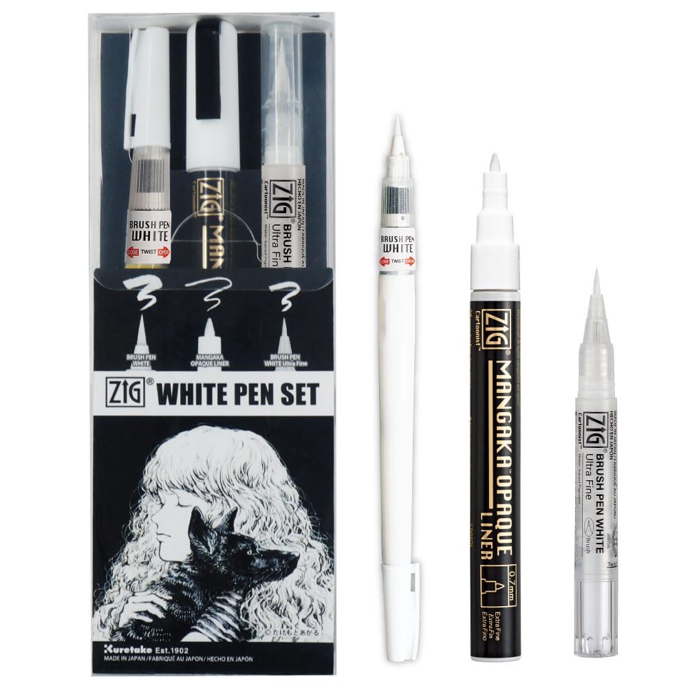 Kuretake Zig Inktober pen set, for Illustration, Manga Drawing, Lettering and Calligraphy, Professional Artist, Made in Japan (White(3pcs.))