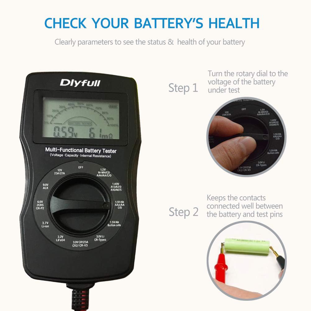 Dlyfull Universal Battery Tester with LCD Display, Small Digital Battery Voltage Resistance Checker for Ni-MH, Ni-CD, Li-ion, Alk & LiFe04 Batteries(AA AAA C D 9V 12V 18650 CR123A 2CR5 CR2032 Cells)