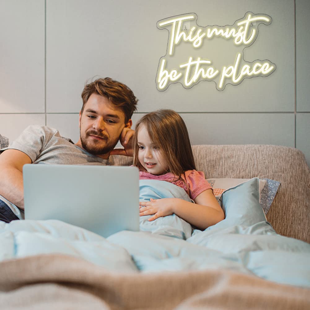 This Must Be The Place Neon Sign Warm White Letter Led Signs for Wall Decor Usb Word Light Up Signs for Bedroom Salon Man Cave Beer Home Bar Wedding Birthday Party Decor Gifts