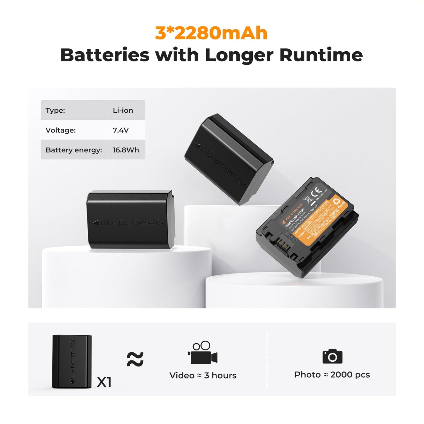 K&F Concept 3-Pack NP-FZ100 Battery and Upgraded LCD Battery Charger Compatible with Sony A7iii, A7iv, A7C, FX3, FX30, A9, A6600, A6700, ZV-E1, ZV-E10ii, Alpha 9, A9S, A7R III, A7R IV, A7RV, 2280mAh