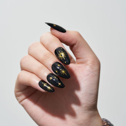 GLAMERMAID Press on Nails Medium Almond, Handmade Gothic Star in Black Gel Glue on Nail, Glossy Short Stiletto Reusable UV Finish Fake Nails Acrylic False Nails Manicure Kits for Women