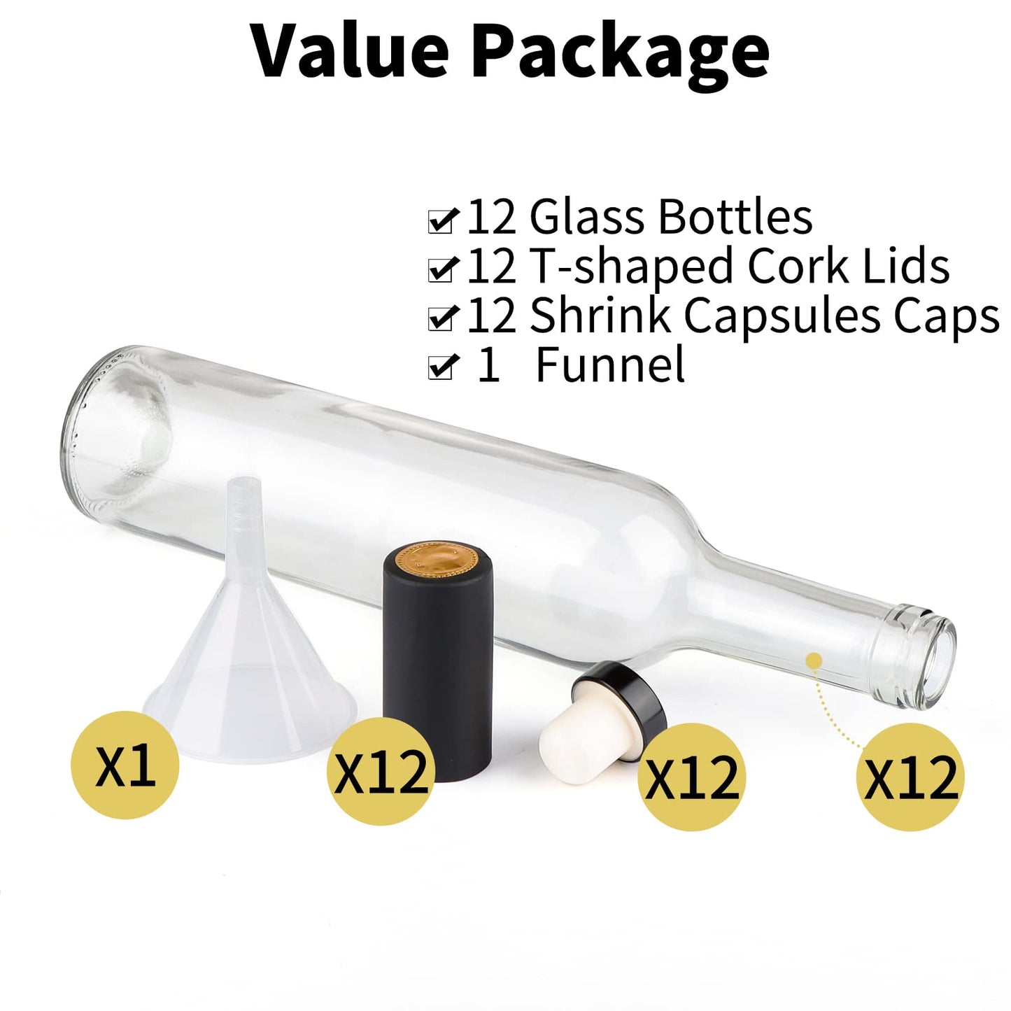 GUANENA 12 Pack 16oz Clear Glass Bottles with Cork Lids and PVC Shrink Capsules, 500 ml Empty Home Brewing Wine Bottles with Funnel for Sparkling Wine, Juice, Kombucha, Beverages