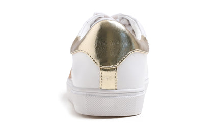 FEVERSOLE Women's Featured PU Leather Colorful Lace Up Sneaker White Glitter Gold Star Size 7.5 M US