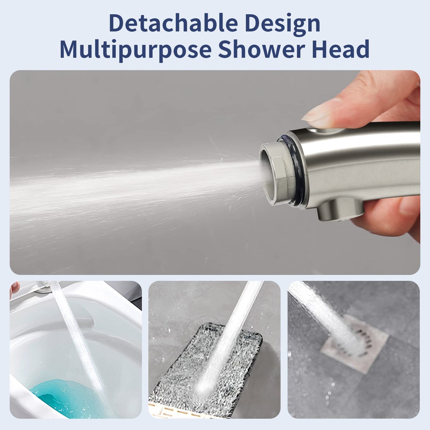 HANLIAN High Pressure Shower Head with Pause Button, 3 Spray Modes Shower Head for RV Camper, Water Saving On Off Shower, Handheld Shower Head with Hose and Self-adhesive Holder (Brushed Nickel)