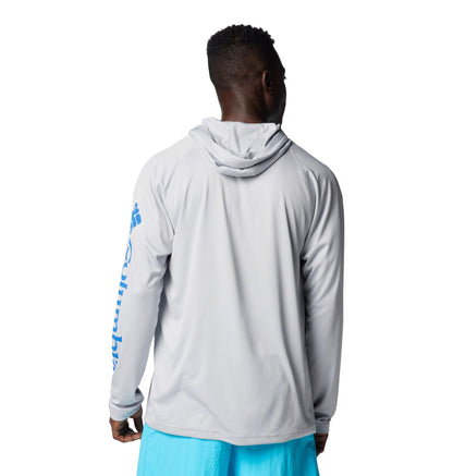 Columbia Mens PFG Terminal Tackle Long Sleeve Fishing Hoodie, Cool Grey/Vivid Blue Logo, Large