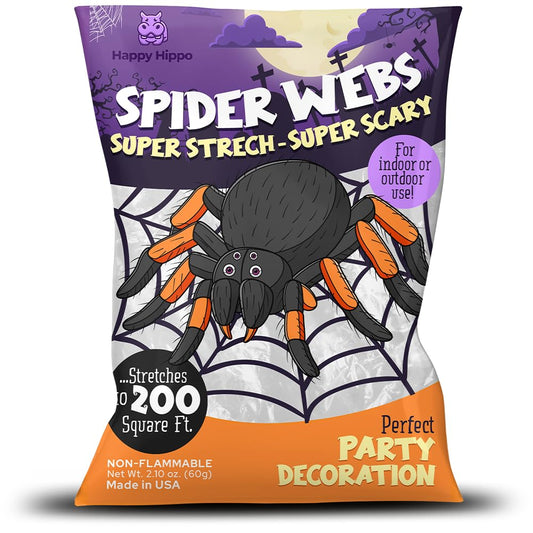 Happy Hippo Halloween Spider Web Decoration, 200 Sqare Feet & Plastic Spiders, Halloween Party Supplies, Spider Webs (Small, 200 Sq Feet) (8 Fake Spiders Included)