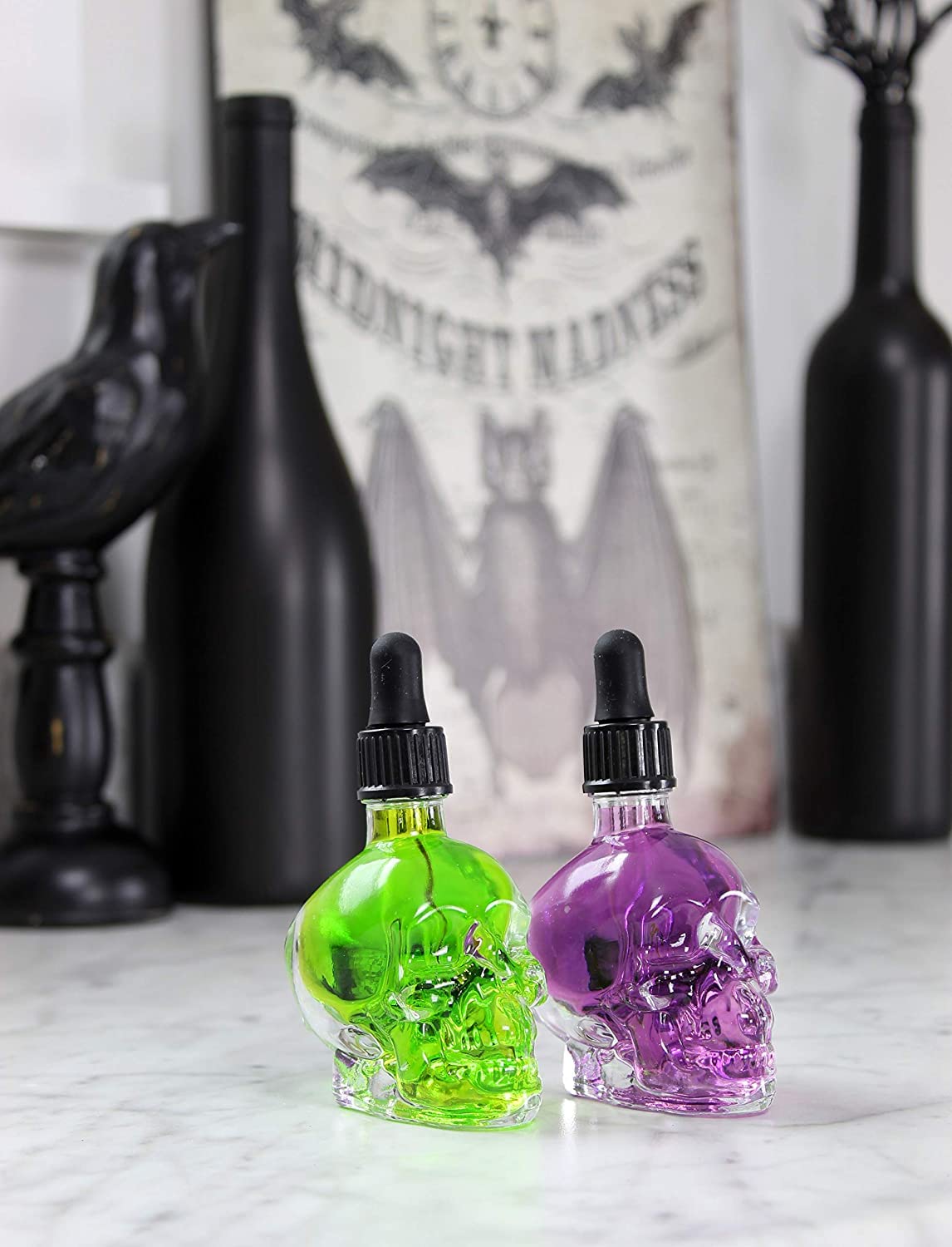 Cornucopia Skull Glass Dropper Bottles (2-Pack, 2oz, Clear); Bitter Flavor Tattoo and Beard Oil Dispenser