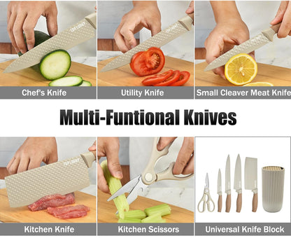 Knife Set, Wiztoynia 6-Piece Khaki Kitchen Knife Set for Home, Anti-Rust Non-stick Stainless Steel Sharp Chef Knife Sets with Universal Knife Block for Kitchen, Ergonomical Design (Khaki)
