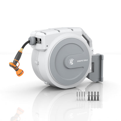 Giraffe Tools Retractable Garden Hose Reel, 5/8 in x 90 ft Heavy Duty Hose Reel With 9 Pattern Nozzle, Any Length Lock, Wall Mount Water Hose Reel, 180°Swivel, Light Grey