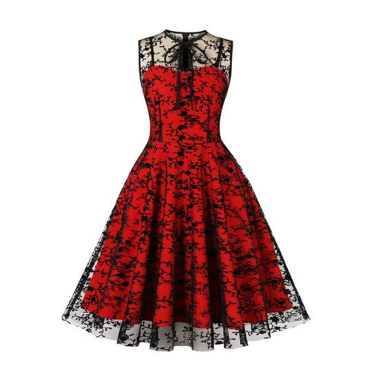 Keyhole Mesh Floral Embroidery Dress for Women Flower Embroidered Dress Mini Tulle Short Dress 50's Bow Tie Neck Gothic Cocktail Vintage Dress Illusion Wedding Party Formal Evening Prom Dress Red M