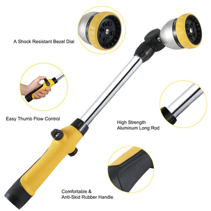 FANHAO 16 Inches Garden Watering Wand, 180° Rotating Head Hose Wand with Thumb Control Shut Off Valve 8 Patterns Heavy Duty Garden Hose Nozzle Yellow
