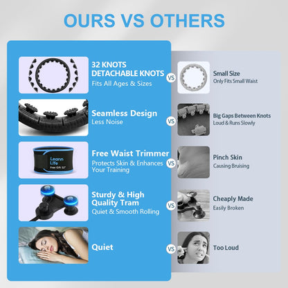 Leann L!fe U2 Black 32 Knots 19”- 65”, Adjustable Weighted Hula Hoop for Kids & Adults Weight Loss, Infinity Hoop Plus Size, Abdominal Toner, Free Waist Trimmer & Wash Bag, Black-Blue Ball