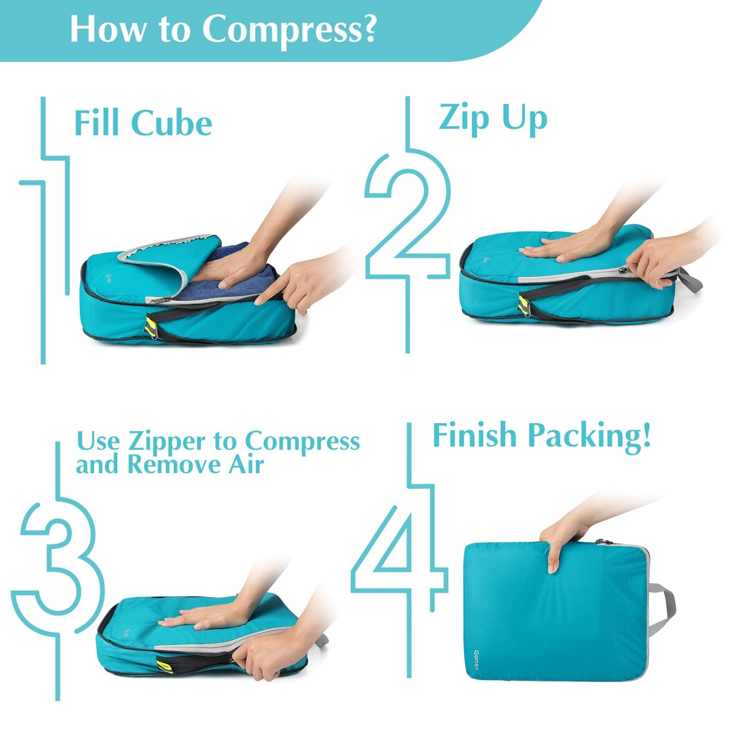 Gonex Compression Packing Cubes, 4pcs Expandable Storage Travel Luggage Bags Organizers (Blue)