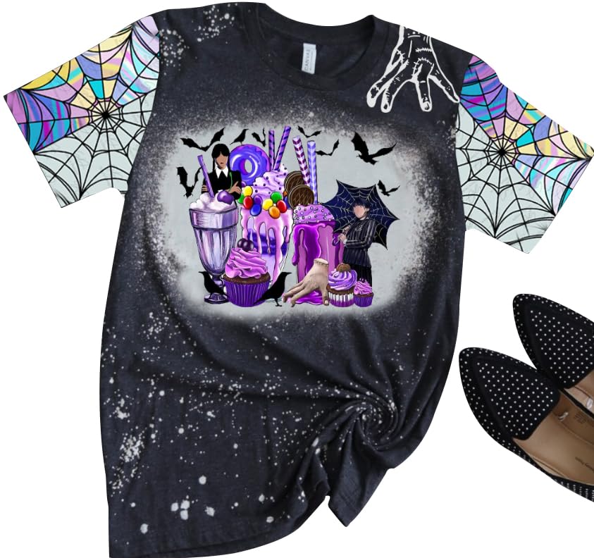 Wednesday Shirt Women Wednesday Addams Shirt Funny Halloween Movie Bleached Tee Tops