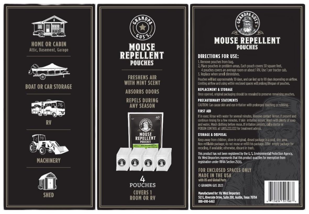 Grandpa Gus's Natural Mouse Repellent Pouches, Cinnamon/Peppermint Oils Repel Mice from Nesting & Freshen Air in Home/Cabin/Boat/Car/Storage/RV/Machinery/Shed, 1.75 Oz (40 Pouches)