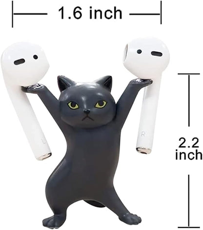 Cute Stuff Home Decor Fun Kitty Decoration for Desk Shelf Magnetic Dance Cat Airpod Holder Headphone Earbuds Holder for Apple AirPods 1& 2 3 Pro, Unique Birthday Bday Gifts Ideas (Black)