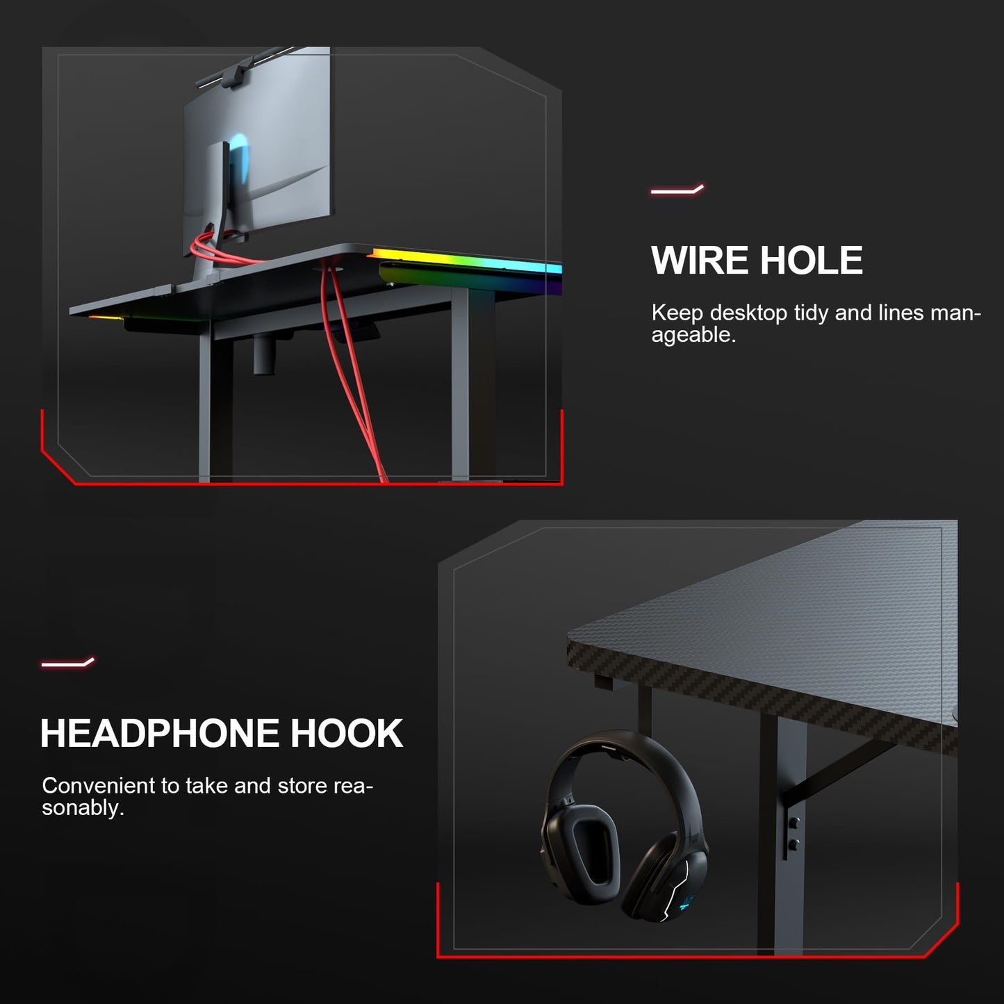 GTRACING 55 Inch Gaming Desk with LED Lights, Large Computer Desk with Mouse Pad for Home Office, T-Shaped Carbon Fibre Surface PC Game Workstations with Headphone Hook