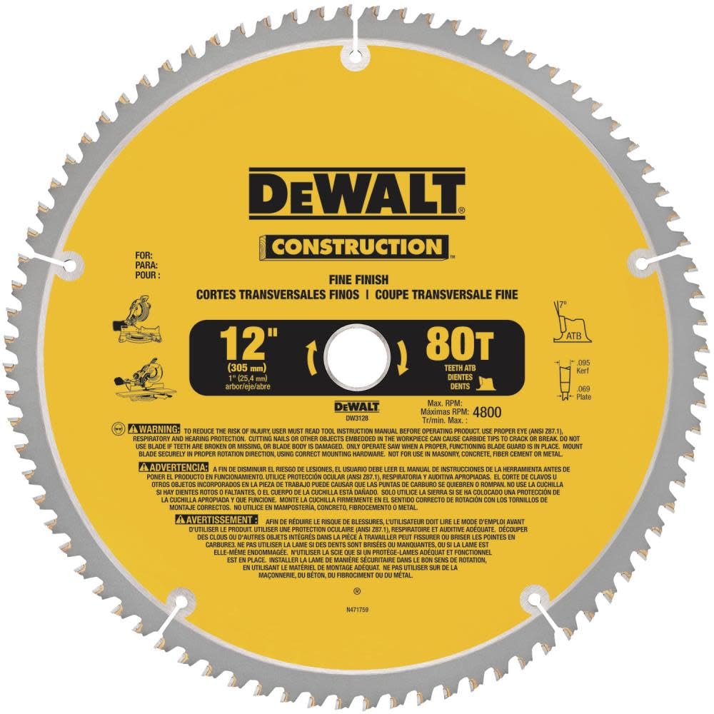 DEWALT 12-Inch Miter Saw Blade, ATB, Thin Kerf, Crosscutting, 1-Inch Arbor, 80-Tooth (DW3128) , Yellow