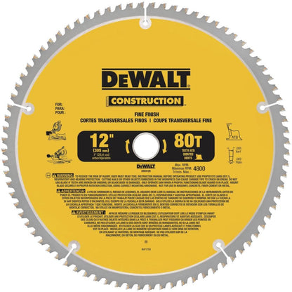 DEWALT 12-Inch Miter Saw Blade, ATB, Thin Kerf, Crosscutting, 1-Inch Arbor, 80-Tooth (DW3128) , Yellow