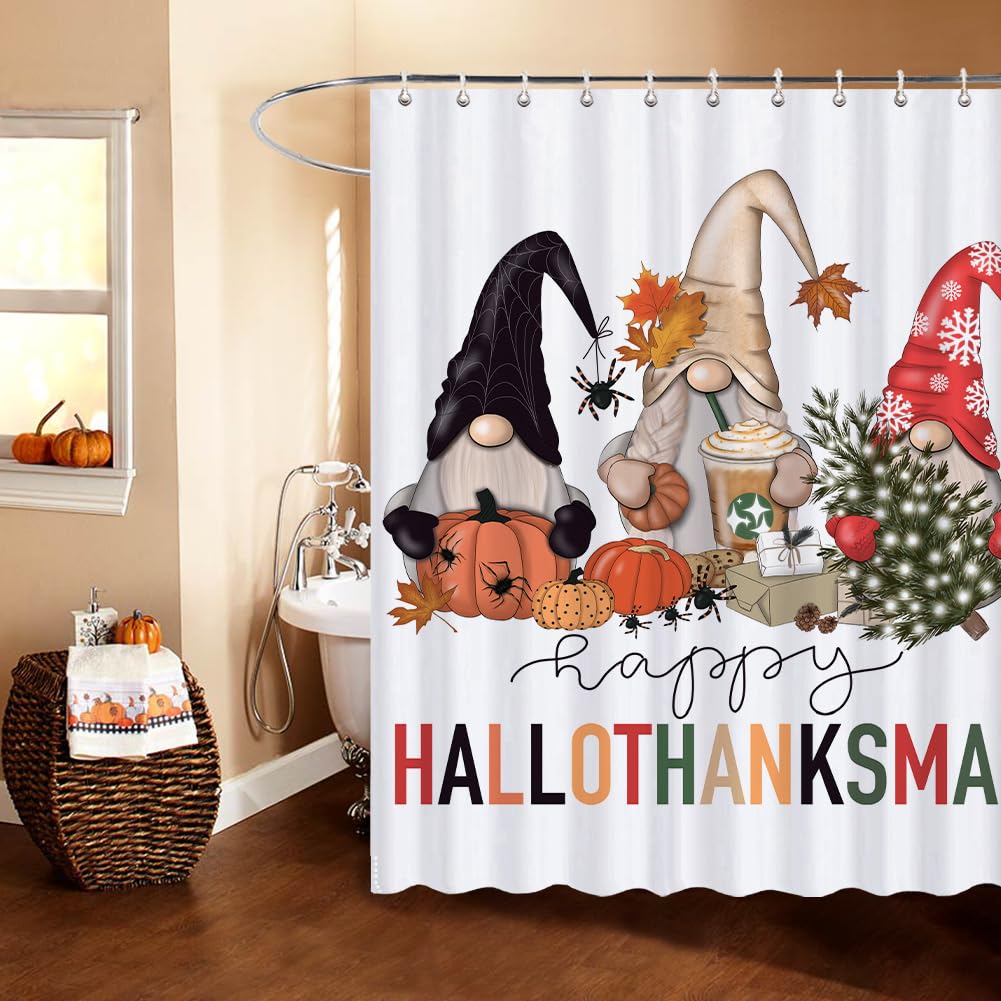 Halloween Hallothanksmas Gnome Shower Curtains for Bathroom, Waterproof Fall Autumn Thanksgiving Christmas Shower Curtain Set with 12 Hooks, 72x72