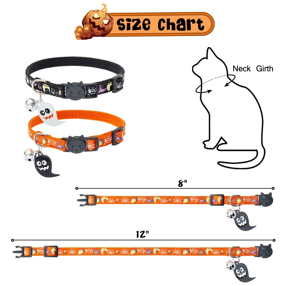 EXPAWLORER Halloween Cat Collar Breakaway - Glow in The Dark Holiday Pet Puppy Collar with Bell and Cute Ghost Pendant, Ideal Gift Adjustable Safety Collars for Cats, 2 Pack