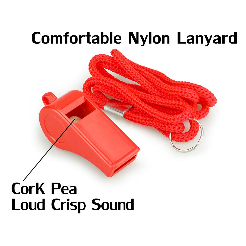 Hipat Red Emergency Whistles with Lanyard, Loud Crisp Sound Plastic Whistles Bulk Ideal for Outdoor Sport，Lifesaving，and Officials
