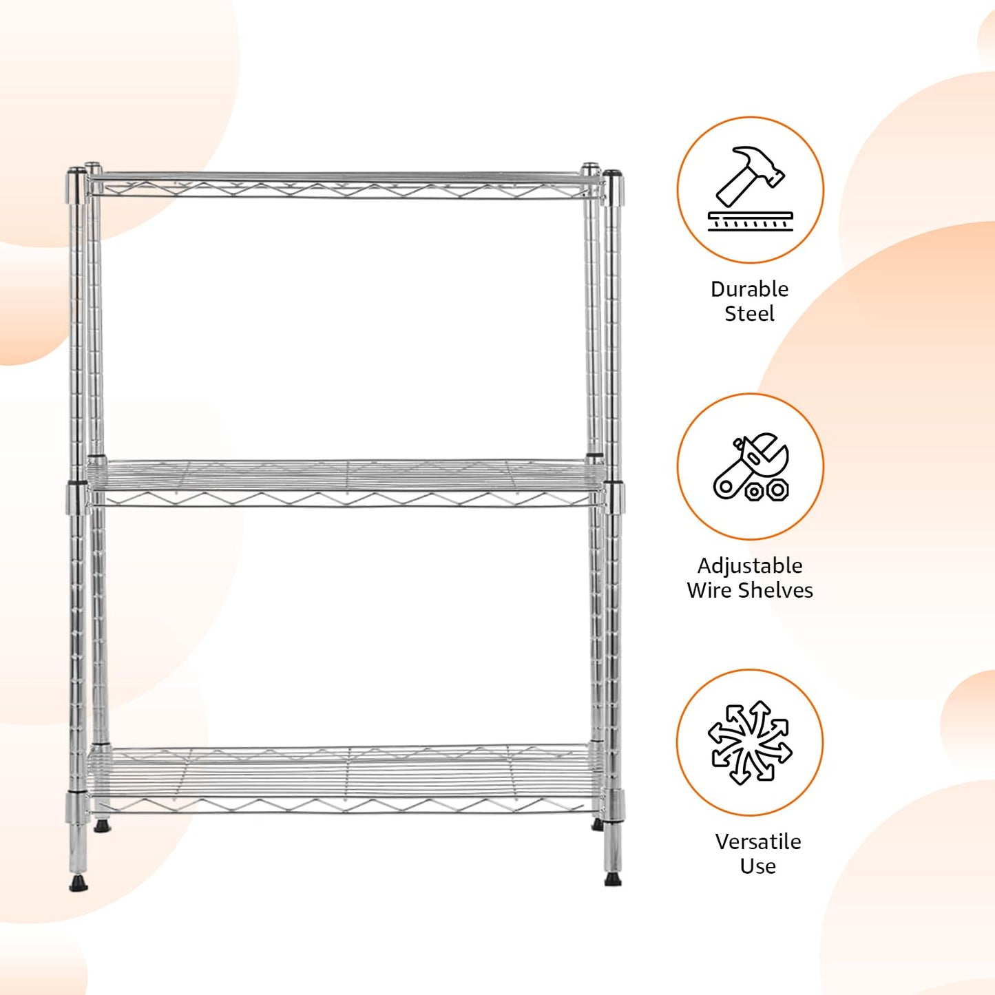 Amazon Basics 3-Shelf Adjustable Heavy Duty Steel Wire Rack Storage Shelving Organizer for Kitchen, Garage, 23.2" L x 13.4" W x 30" H, Black