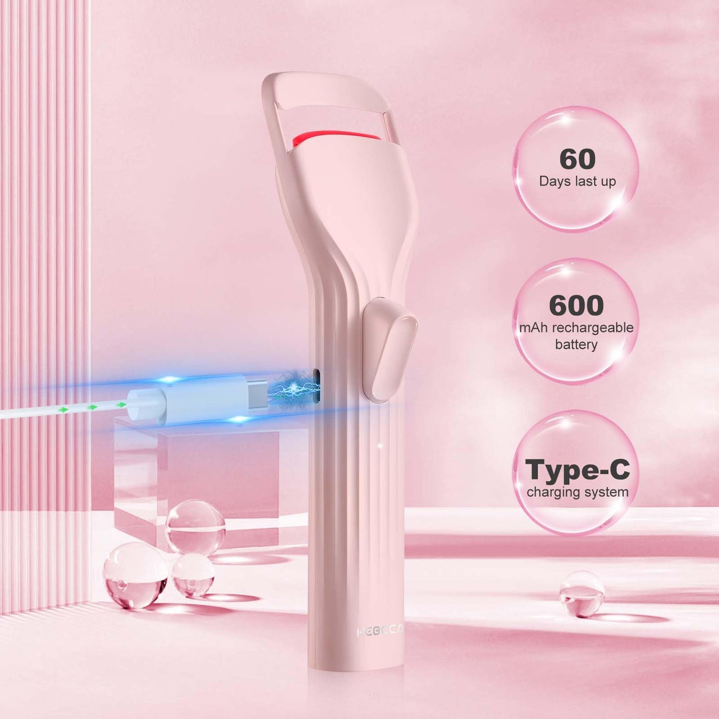 HEBECA Heated Eyelash Curlers, Electric Lash Curler with Innovative Heating Silicone Pad for Lifted Lashes 24 Hours,Quick Rechargeable 600mAh Battery EC2001 (Pink)