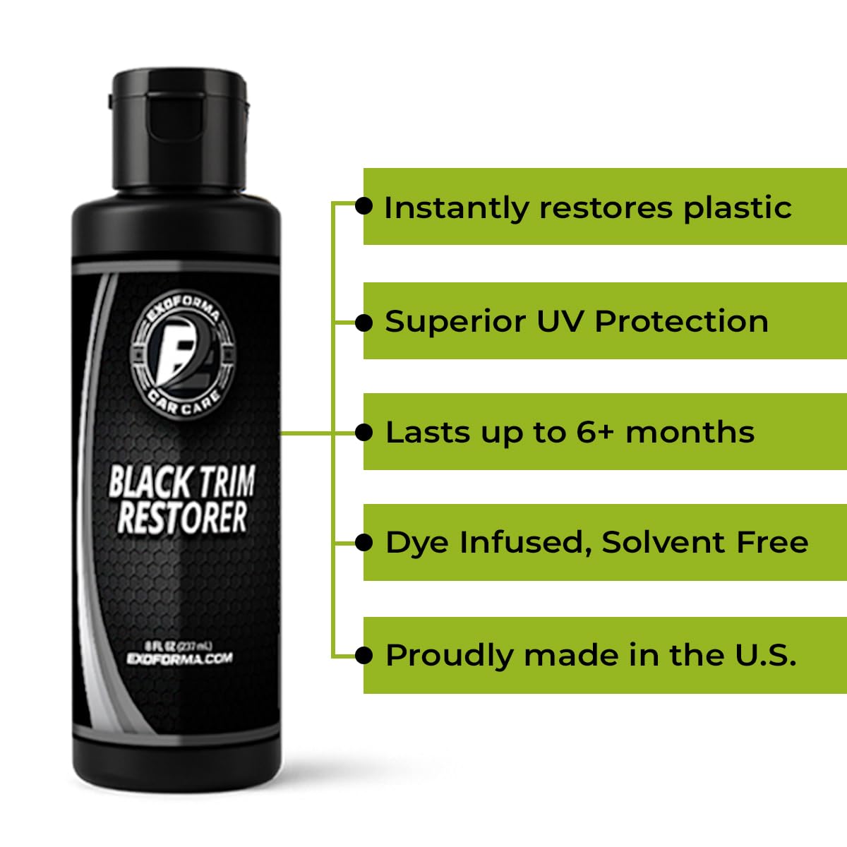 ExoForma Black Trim Restorer - Unique Dye-Infused Formula Lasts 6+ Months - Restores Factory Black to Plastic Trim - Protects Against UV Rays, Helps Conceal Scratches & Scuff Marks - Works in Seconds