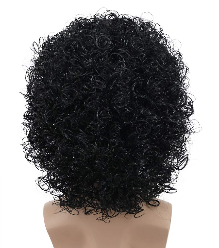 karlery Mens Short Curly Black Rocker Mustache Beard Afro Wig California Halloween Cosplay Wig Anime Costume Party Wig (Black)