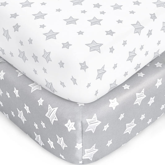 Crib Sheets for Boys or Girls 2 Pack, Fitted Crib Sheet for Standard Size Crib and Toddler Mattresses, Soft and Breathable Material, Grey & White