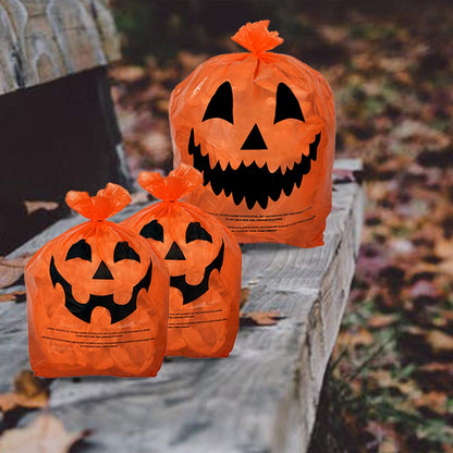 KINREX Halloween Leaf Bags Pumpkin Plastic Lawn and Leaf Bags Decoration - Outdoor Fall Trash Bag Decor - Orange Jack O Lantern - Pack of 3 with Twist Ties