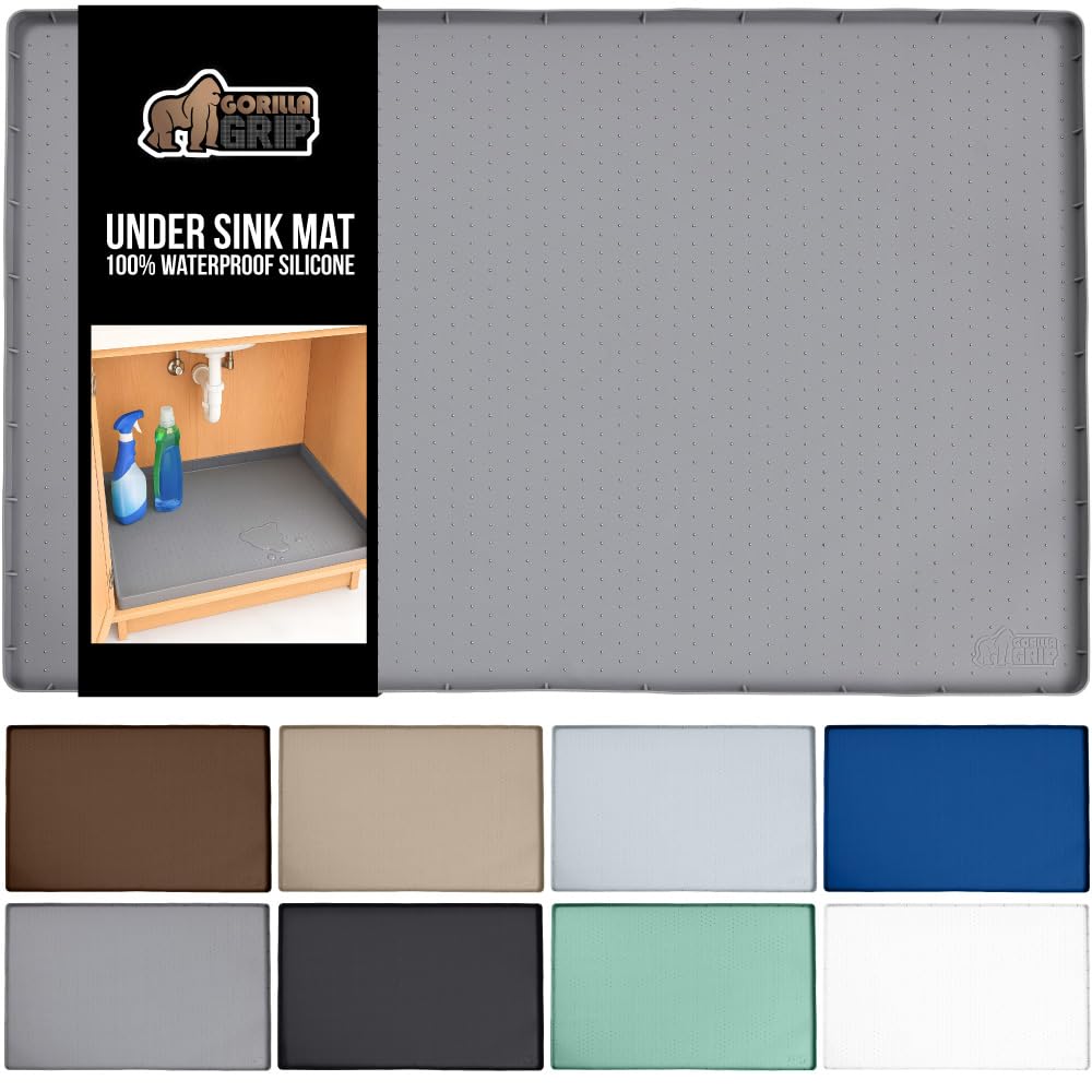 GORILLA GRIP Waterproof Silicone Under Sink Mat with Raised Lip for Kitchen and Bathroom, 34 x 22 in, Cabinet Shelf Liner Stay in Place Mats Dishwasher Safe Drawer Liner, Organizer Tray, Gray