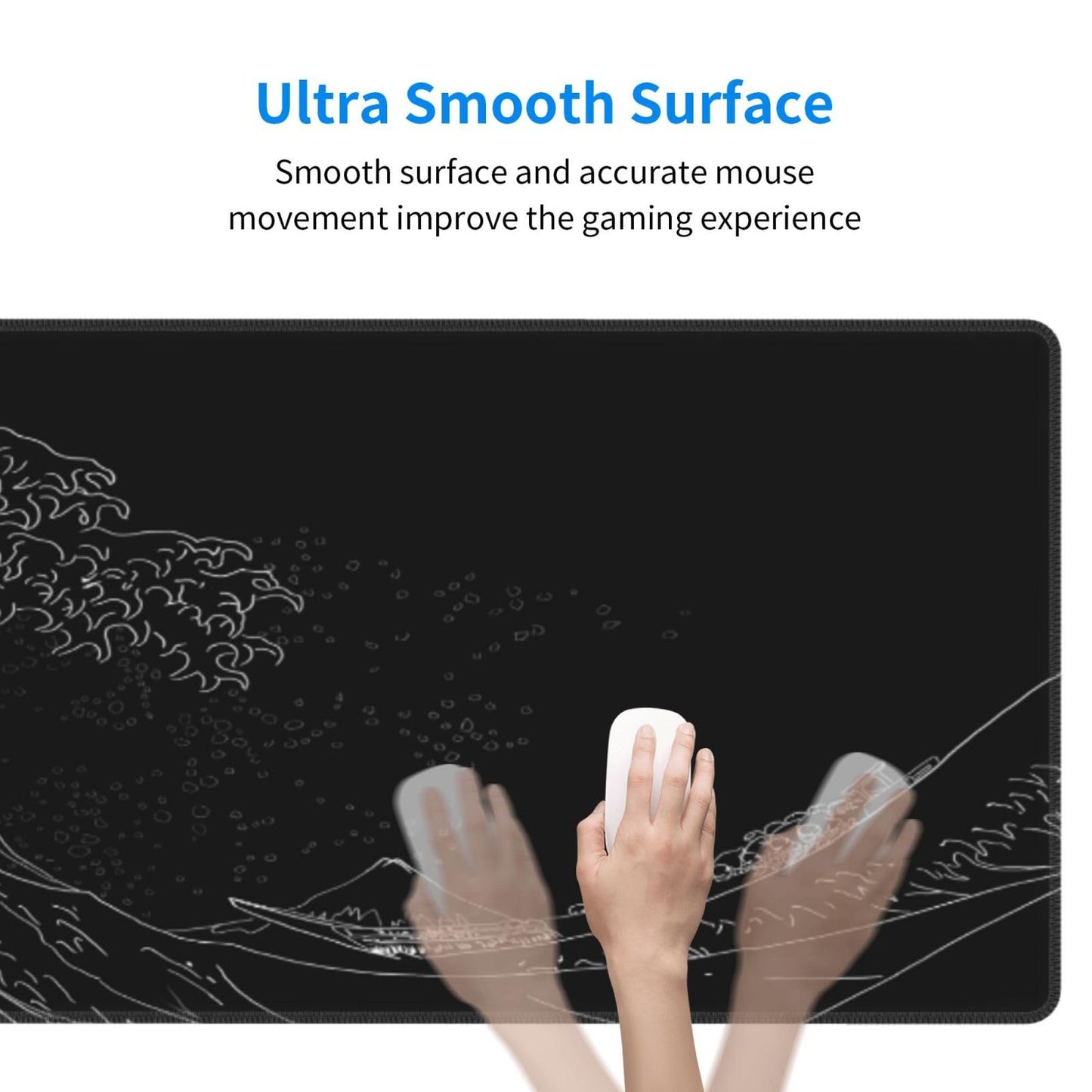 Japanese Gaming Mouse Pad Black Mouse Pad Kanagawa Large Mousepad Non-Slip Rubber Base Waterproof with Stitched Edges for Gaming Office Home, 31.5x11.8 Inch (Black Wave)