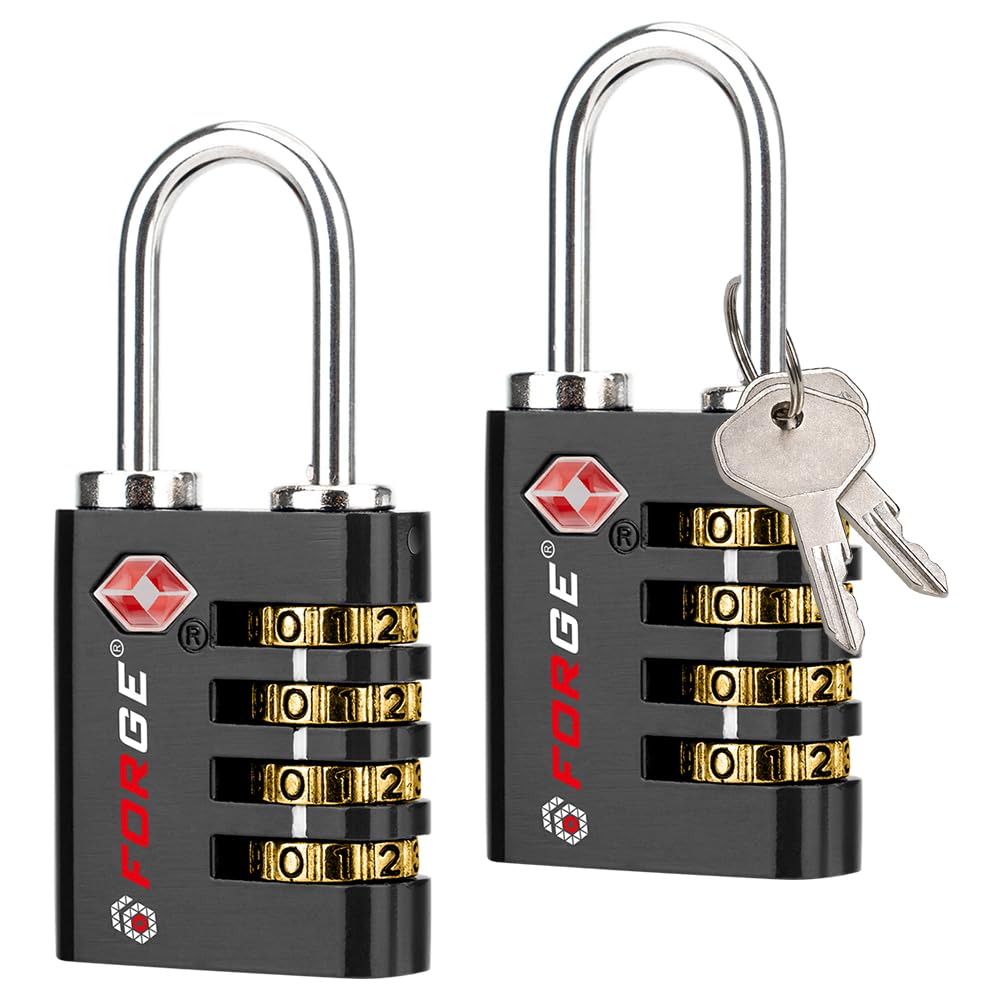 Forge Dual-Opening: Key or Combination Access Lock, TSA Approved Locks for Luggage, Pelican case, Travel, Gym, School, Stainless Steel Shackle. (Black 2 Pk)