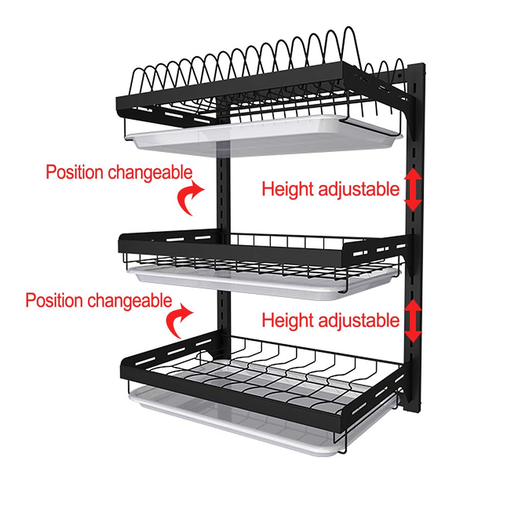 junyuan Hanging Dish Drying Rack Wall Mount,Dish Racks Drainer,3 Tier Kitchen Plate Organizer Storage Shelf with Drain Tray with 3 Hooks,Stainless Steel Black Coating (3 Tier, 21.8)