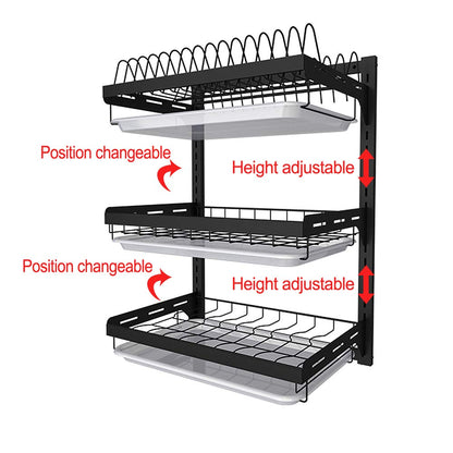 junyuan Hanging Dish Drying Rack Wall Mount,Dish Racks Drainer,3 Tier Kitchen Plate Organizer Storage Shelf with Drain Tray with 3 Hooks,Stainless Steel Black Coating (3 Tier, 21.8)