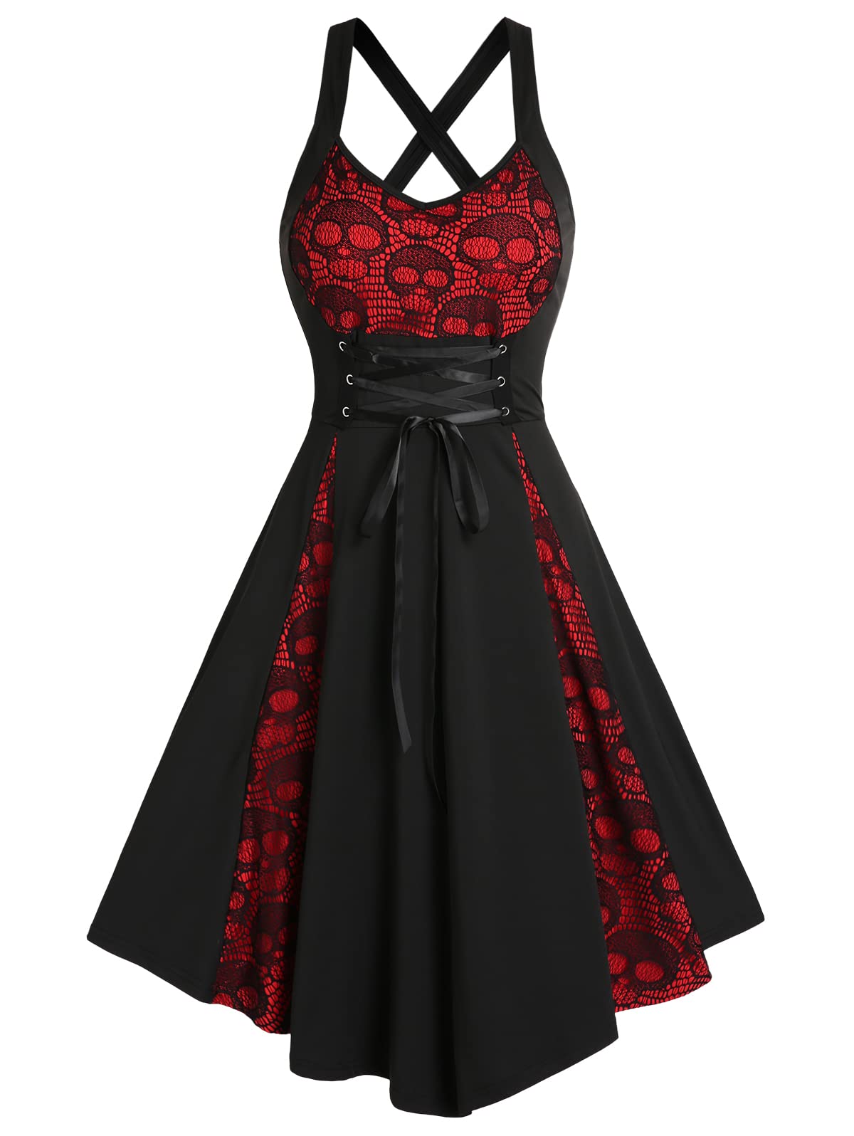 DRESSFO Summer Lace Up Cross Back A Line Gothic Sundress Skull Lace Godet Dress for Women (Black Red/1X)
