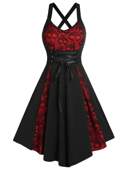 DRESSFO Summer Lace Up Cross Back A Line Gothic Sundress Skull Lace Godet Dress for Women (Black Red/1X)
