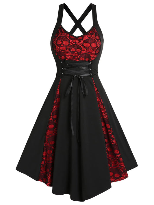 DRESSFO Summer Lace Up Cross Back A Line Gothic Sundress Skull Lace Godet Dress for Women (Black Red/1X)