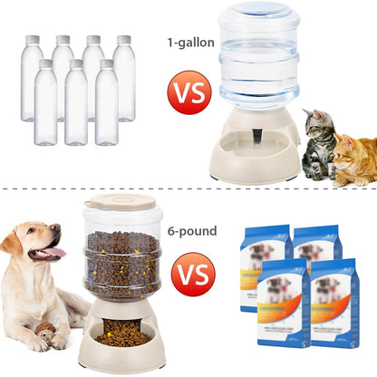 2 Pack Automatic Cat Feeder and Water Dispenser in Set Pet Food Bowl for Small Medium Dog Pets Puppy Kitten Big Capacity 1 Gallon x 2 (Cream)